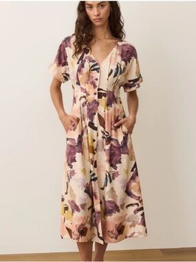 Marine Layer Naomi Midi Dress Watercolor Floral Size Large NWT